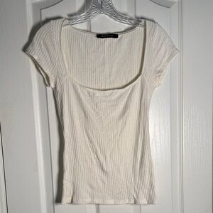 Reformation Cream Ribbed Square-Neck Bardot Top